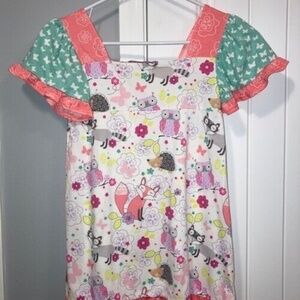 Jelly the Pug girls size 8 dress. White woodland Aqua pink fox Worn once. EUC.
